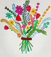 Tekening van een kleurrijk boeket bloemen.