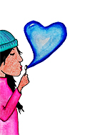 Tekening van een meisje die een bel blaast in de vorm van een hart.