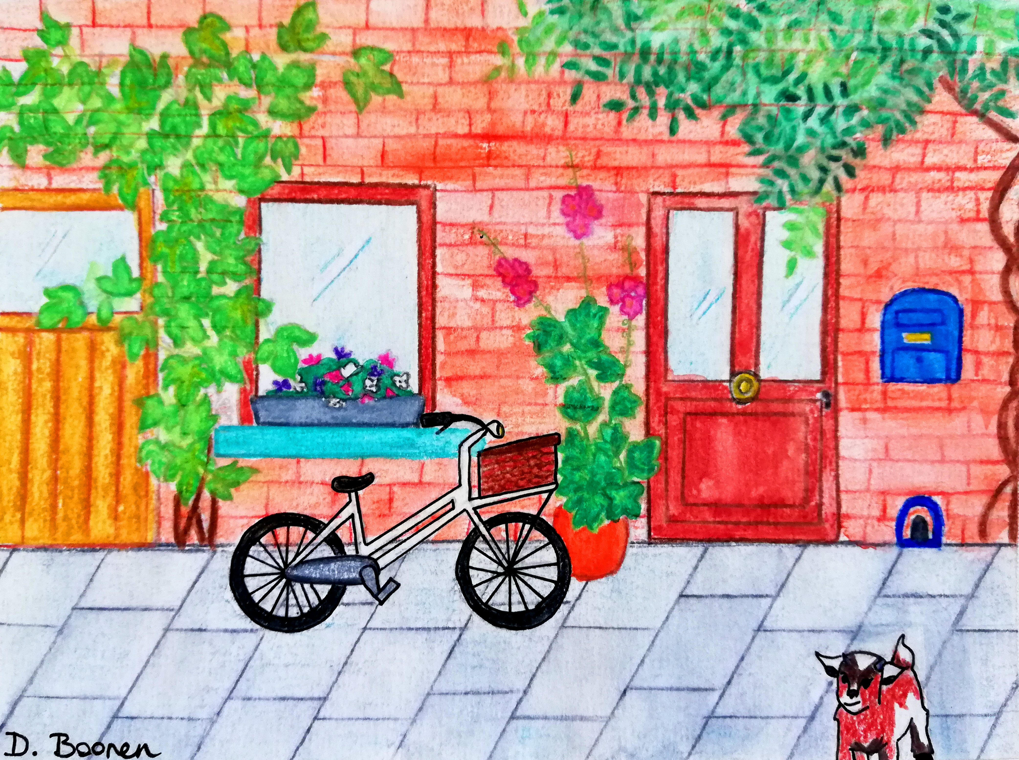 Dit is een tekening van een geveltuintje